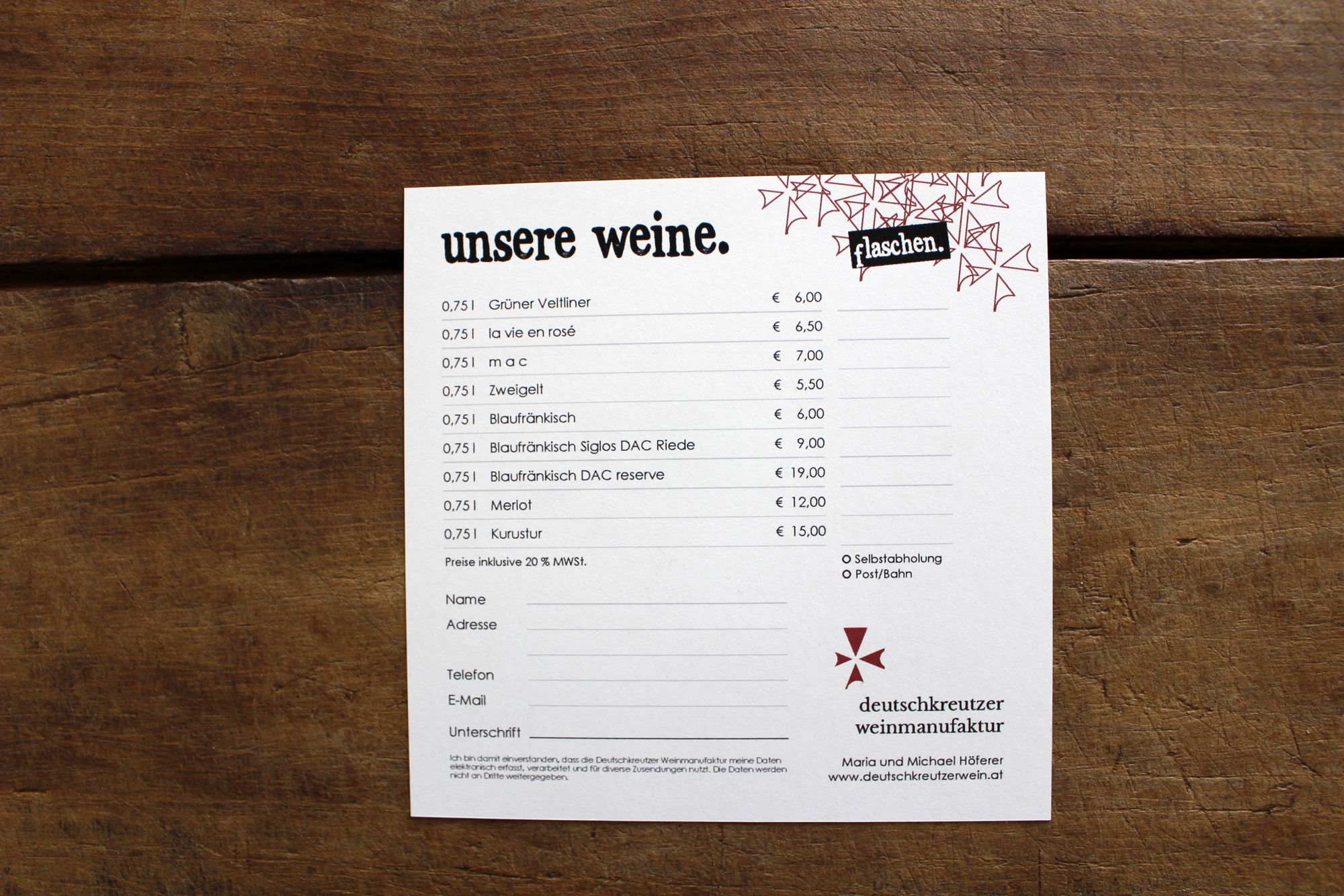 Weinpreisliste für die Deutschkreuter Weinmanufaktur